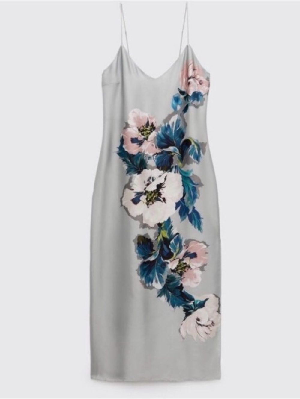 Zara Light Gray Floral Slip Dress with Blue & Pink Blooms - Picture 2 of 5